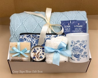 Blue Chinoiserie Gift Box, Cozy Blanket, Earl Grey Tea, Artisan Soap