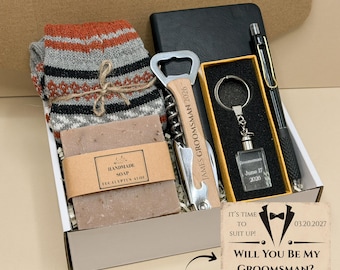 Personalized Groomsman Proposal Gift Box, Custom Keychain, Bottle Opener, Journal