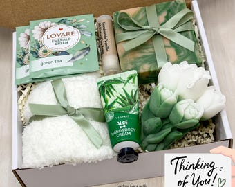 Thinking of You Gift Box, Hygge Self-Care Package, Hand poured Candle, Cozy Socks, Tea