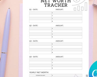 May include: A white "Net Worth Tracker" printable PDF on a light pink surface. The document includes sections for quarterly and yearly financial tracking. A light purple pen, glasses, and a gold paper clip are also visible.