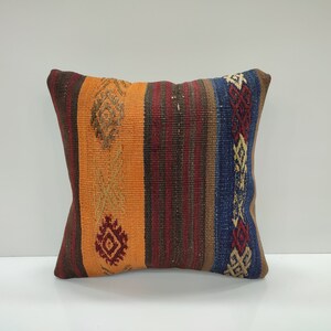 Vintage Pillow Case, 16x16 Bohemian Kilim Pillow, Accent Kilim Pillow, Boho Sham Cover, Decorative Turkish Kilim Pillow, USA, UK, FR, AD554