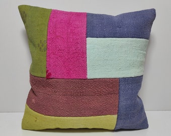 patchwork, pillow cover, 16x16, decorative pillows, throw pillows, patchwork pillows, kilim pillow, hemp pillow, ethnic pillow, USA, PW117
