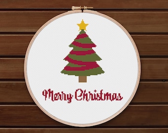 Merry Christmas tree cross stitch pattern PDF, easy holiday modern embroidery