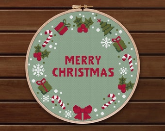 メリークリスマスリースのクロスステッチパターンPDF、ホリデーツリー