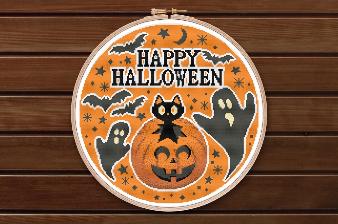 Happy Halloween Pumpkin Cat Cross Stitch Pattern PDF; Download, Modern ...