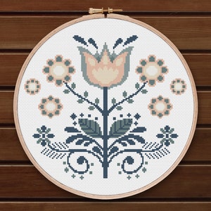 Nordic Flower Cross Stitch Pattern PDF; cute, folk art, modern embroidery