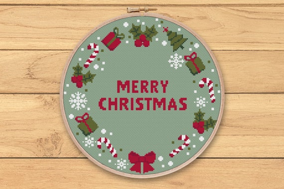 メリークリスマスリースのクロスステッチパターンPDF、ホリデーツリー