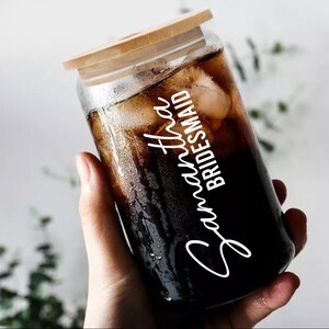 Personalized Iced Coffee Cup| Bridesmaids Gift| Custom Glass can Cup| Bachelorette Party Favors| Glass Cup with Bamboo Lid and Straw| Gift