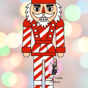 May include: A red and white nutcracker soldier illustration. The nutcracker has a red hat with a white circle, a white mustache, and a white beard. The soldier's uniform is red with white stripes. The text "Rustic Cactus Creations" is in the lower right corner.