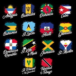 Banderas del Caribe, países de las Indias Occidentales, efecto salpicado, archivos PNG, descarga instantánea, imagen digital, para imprimir, impresión gráfica, alta calidad