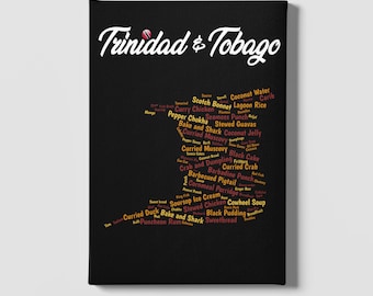 Może przedstawiać: Czarny wydruk na płótnie z napisem "Trinidad & Tobago" w białym kolorze u góry. Reszta płótna jest wypełniona chmurą słów z jedzeniem i napojami kojarzonymi z Trynidadem i Tobago, takimi jak curry chicken, bake and shark i lody soursop.