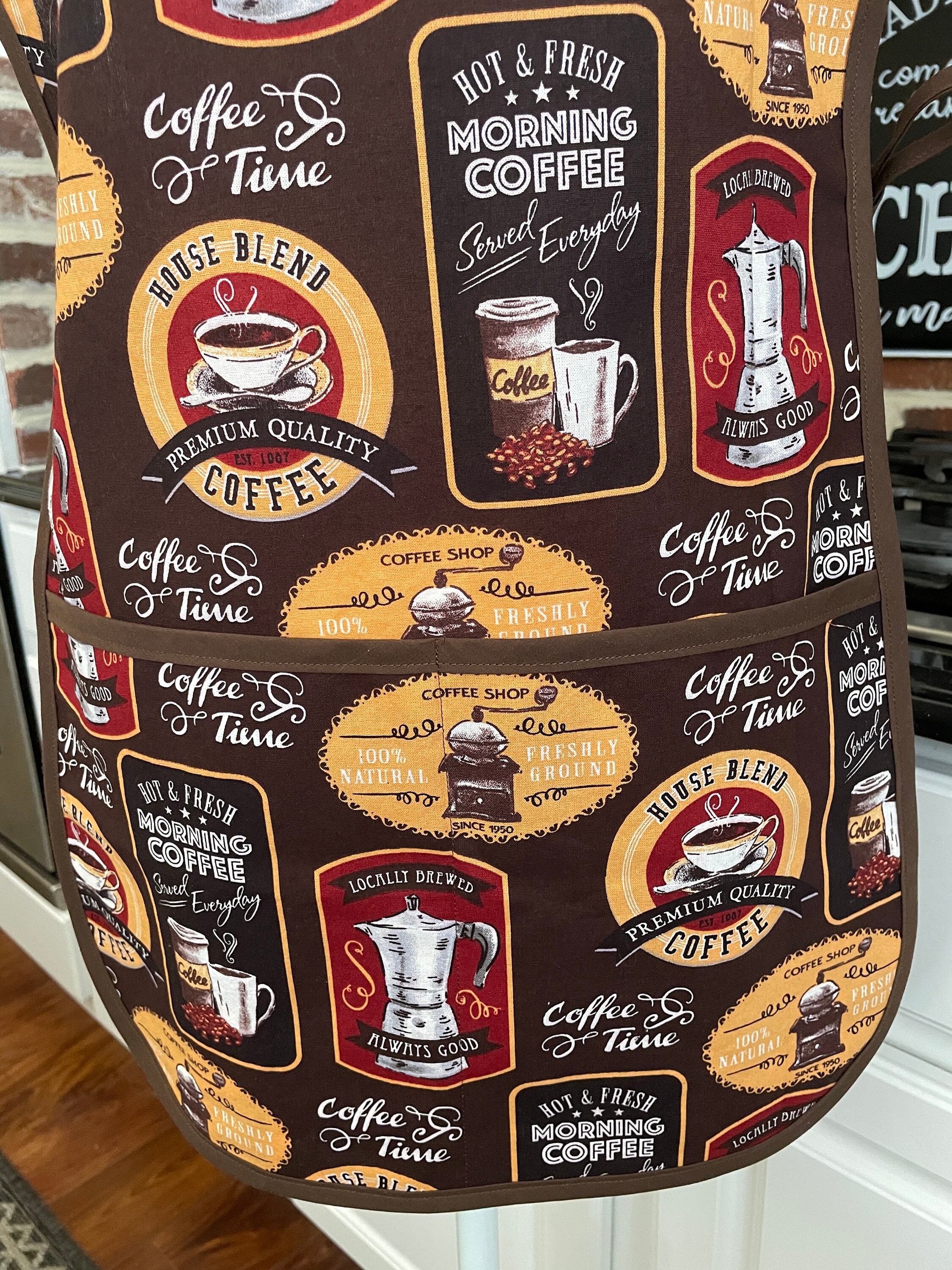 Vintage Smock Apron, Retro Coffee Print Cobbler Apron With Pockets