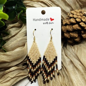 Handmade Beaded Fringe Earrings, Tan Brown Boho Style