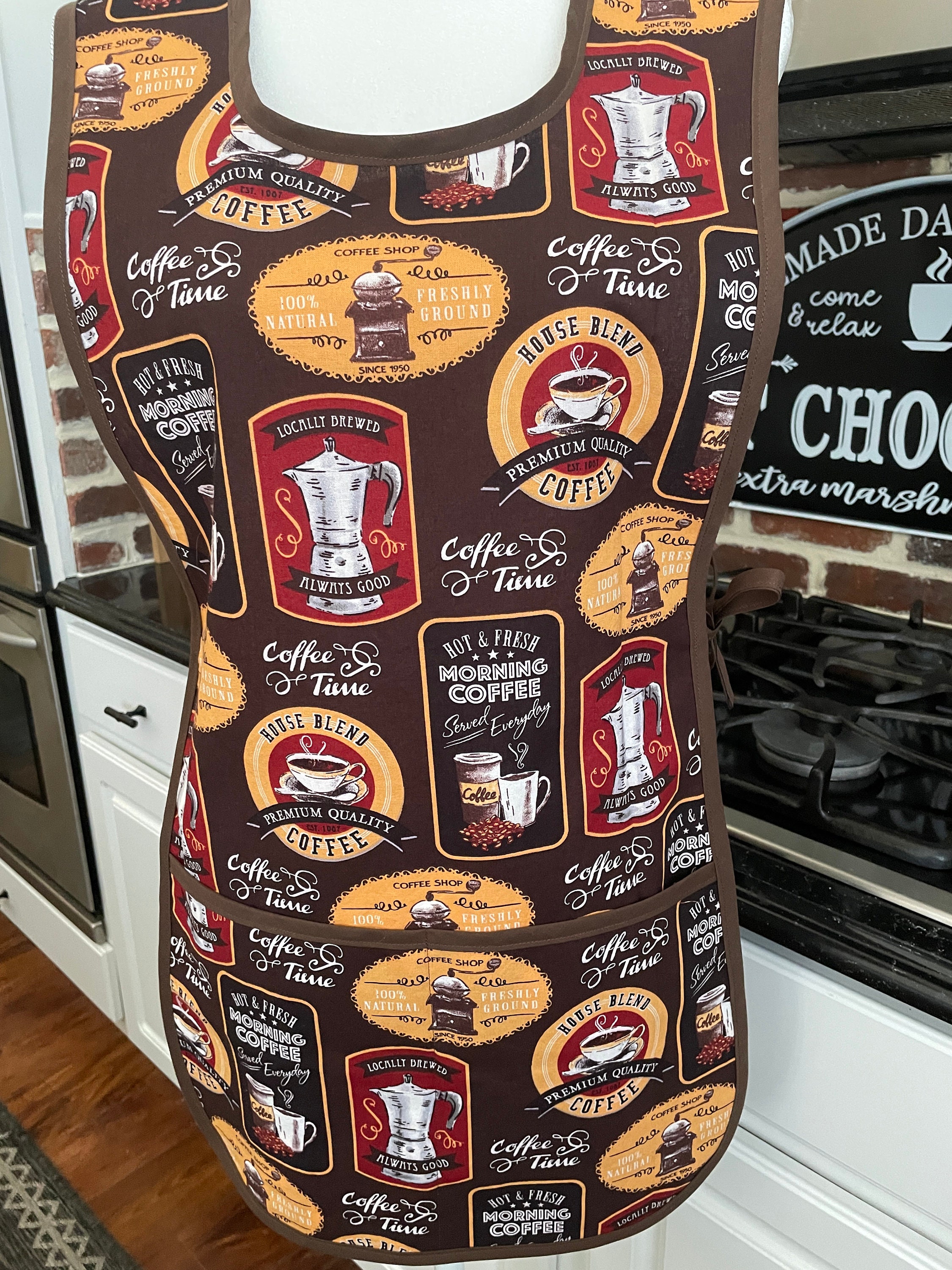 Vintage Smock Apron, Retro Coffee Print Cobbler Apron With Pockets