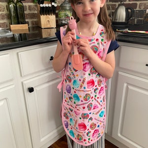 Kids Smock Apron, Candy Print Craft Apron for Girls (5-9 Years)