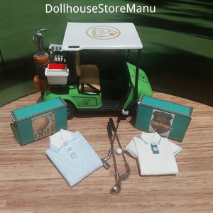 Dollhouse Men's Sports Shirts/Folded Shirt in Box/Golf Club Set/Golf cart, 1:12 scale