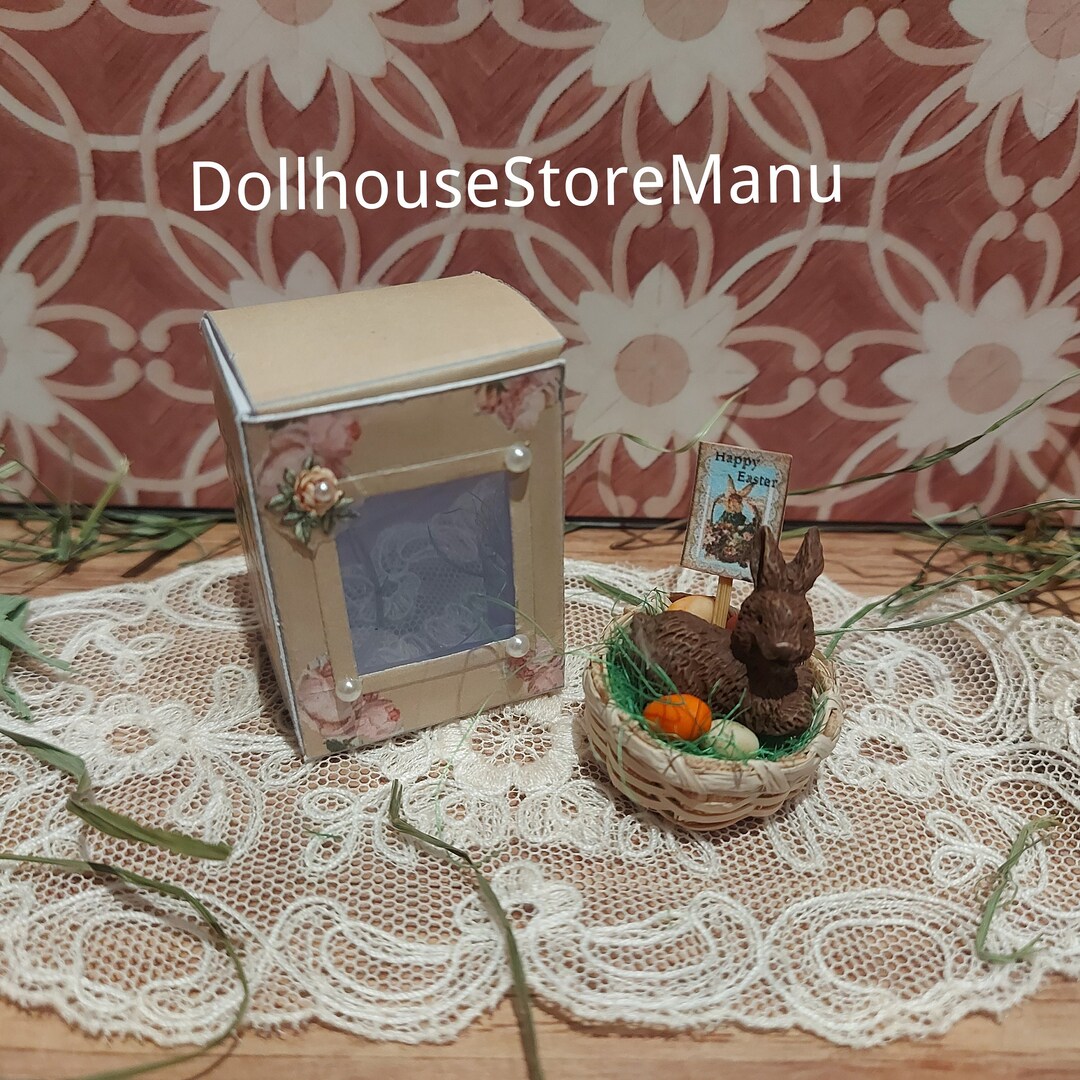 Dollhouse Easter Basket, Miniature Chocolate Bunny With Colored Eggs, 1 ...