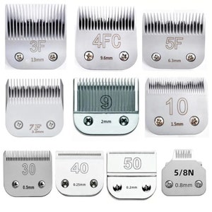 May include: A set of ten silver metal clipper blades with different sizes and numbers printed on them. The blades are for hair clippers and are used for different lengths of hair. The blades are labeled with the following numbers: 3F, 4FC, 5F, 7F, 9, 10, 30, 40, 50, and 5/8N. The blades are also labeled with the following measurements: 13mm, 9.6mm, 6.3mm, 3.2mm, 2mm, 1.5mm, 0.5mm, 0.25mm, 0.2mm, and 0.8mm.