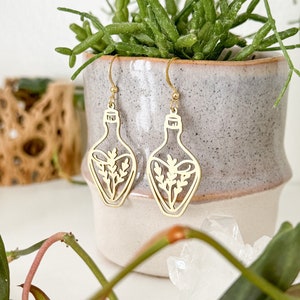 May include: Gold-colored earrings in the shape of potion bottles, each with a botanical design inside. The earrings hang from gold-colored hooks. The background includes a potted plant with green foliage and other decorative elements.