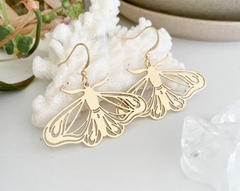 Brass Moth Earrings - Butterfly/Bug/Insect Earrings - Earthy/Foraging/Cottagecore Earrings - Gold - Lead& Nickel Free Jewelry