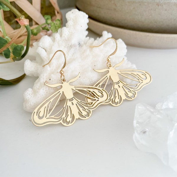 Brass Moth Earrings - Butterfly/Bug/Insect Earrings - Earthy/Foraging/Cottagecore Earrings - Gold - Lead& Nickel Free Jewelry