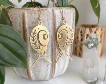 Brass Snail Earrings: Cottagecore Fern Foliage Design, Nickel Free