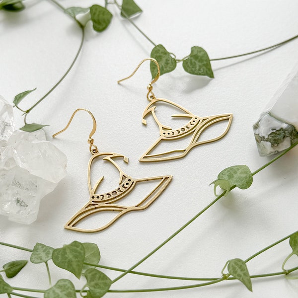 Brass Witch Hat Earrings: Moon Phases, Spooky Halloween Jewelry, Nickel Free