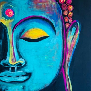 Gautam Buddha Canvas Art Print: Modern Turquoise, Black, Pink Giclee