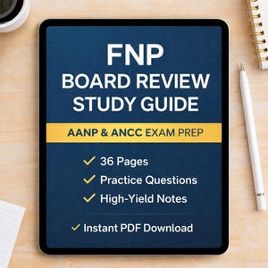 Könnte beinhalten: Ein Tablet zeigt einen FNP Board Review Study Guide. Der Leitfaden enthält 36 Seiten, Übungsfragen und hochwertige Notizen. Der Text erwähnt auch die AANP & ANCC-Prüfungsvorbereitung und den sofortigen PDF-Download.