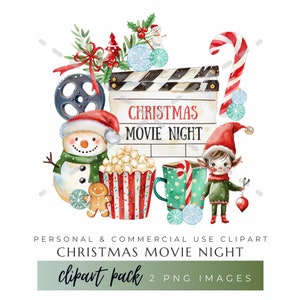 Imágenes prediseñadas/PNG de una noche de cine navideña caprichosa: lindo muñeco de nieve, elfo, palomitas de maíz, chocolate caliente/decoración navideña para proyectos de bricolaje e invitaciones