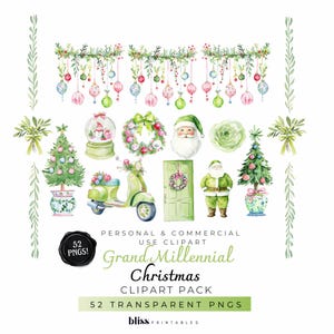 Grand millénaire aquarelle Noël Clipart - chinoiseries du père Noël PNG - guirlande verte noeuds - arbres de Noël preppy, coquette Noël bricolage