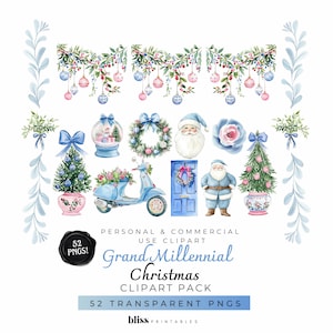 Grand Millennial Watercolor Christmas Clipart - Santa Claus Chinoiserie PNGs - Blue Garland Bows- Preppy XMas Trees, Coquette Christmas, DIY
