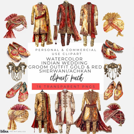 Indian Groom Outfit Clipart: Gold & Red Sherwani, Achkan (PNG, 300DPI)