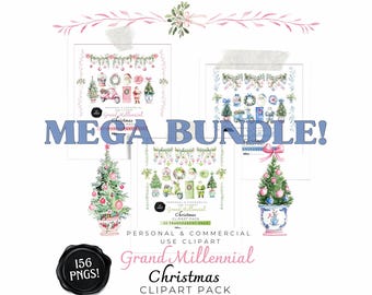 Grand Millennial Weihnachten Clipart Bundle: Pink, Blau, Grün Chinoiserie PNGs (Digitaler Download)