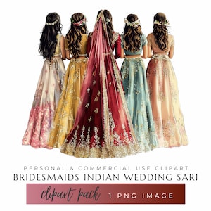 Indiase bruid in rode lehenga met pastelkleurige bruidsmeisjes clipart | Trouwkunst voor Indiase, hindoeïstische en desi-bruiloften | Direct downloaden