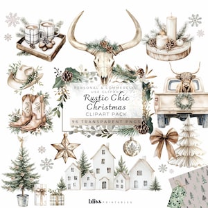 Rustikale schicke neutrale Aquarell Weihnachtscliparts, ästhetischer Xmas-Stil, Winterhochzeiten, Natur-inspirierte Farben, Cowboyhüte, Highland Kühe