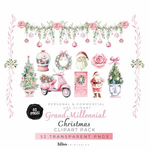 Imágenes prediseñadas navideñas de acuarela de Grand Millennial: imágenes PNG de Papá Noel chinoiserie, lazos de guirnalda rosa, árboles de Navidad elegantes, Navidad coqueta, bricolaje