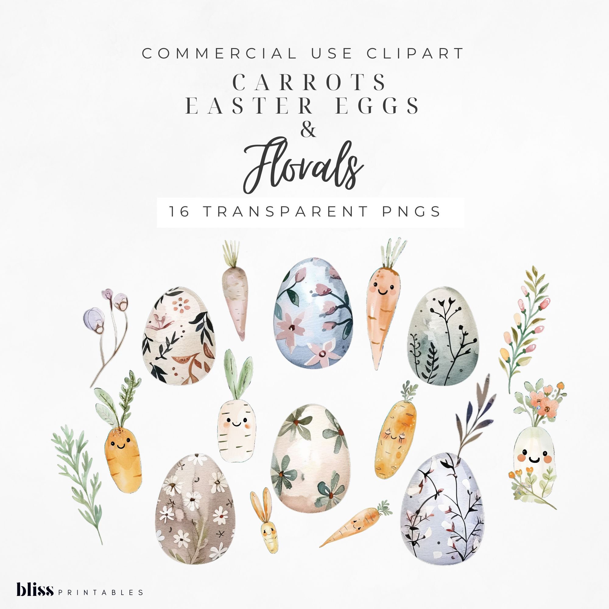 Bunnies & Carrots Watercolor Clipart, Easter, Eggs, Floral Pattern ...