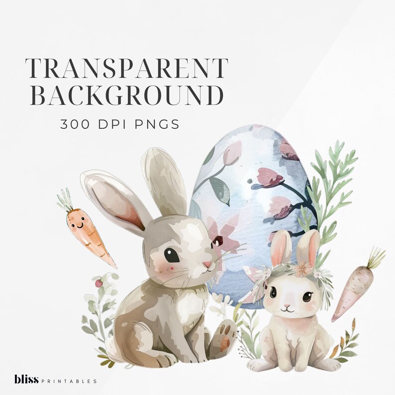 Bunnies & Carrots Watercolor Clipart, Easter, Eggs, Floral Pattern ...
