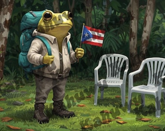 Digitale Concho-afdruk | Slecht konijntje | Coquí met Puerto Ricaanse vlag – digitale jungle-kunstdownload, culturele dierenmuurdecoratie