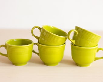 Vintage Lemongrass Fiesta Coffee Mugs / Set of Five / Chartreuse Green Teacups / Homer Laughlin Fiestaware