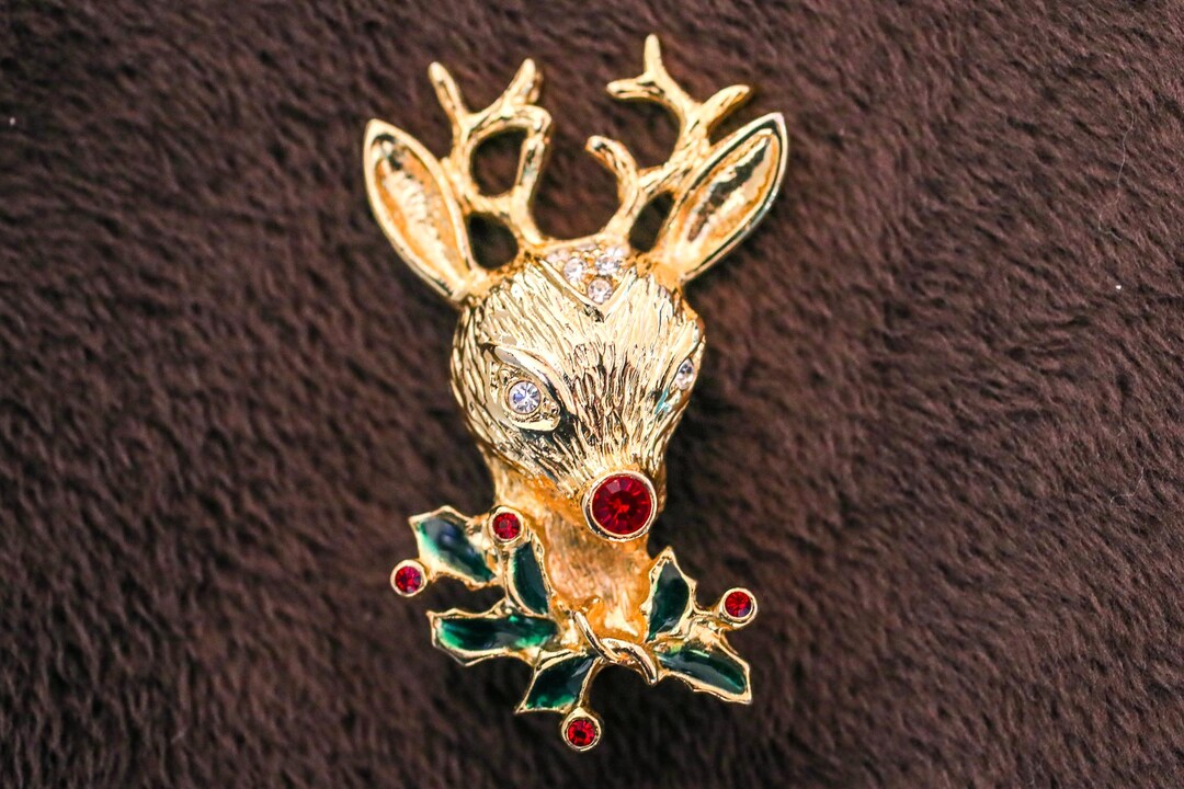 Vintage Signed SFJ Rudolph the Red Nosed Reindeer Gold Toned Jeweled ...