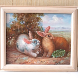 Original Rabbit Oil Painting in Frame / Signed H. Mann / Rustic Style / Bunny Painting / Nature / Gallery Wall