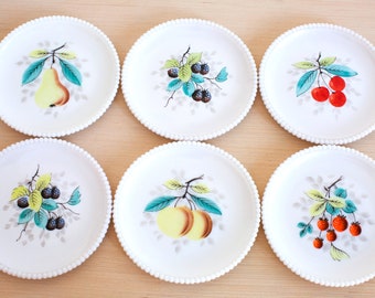 Vintage Westmoreland Beaded Milk Glass Plates With Colorful Fruit / Snack Plates / Brunch Plates / Pears, Blackberries, Cherries, Strawberry