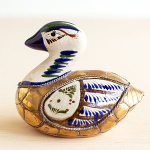 Vintage Tonala Pottery Duck With Brass Armor / Mexican Bird Figurine / South American Folk Art Duck