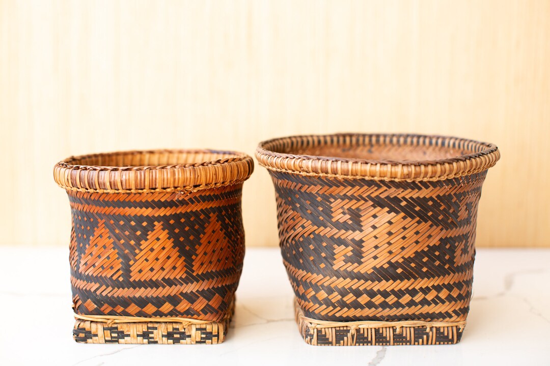 Woven Tribal Baskets / Vintage Stylized Geometric Basket Planters