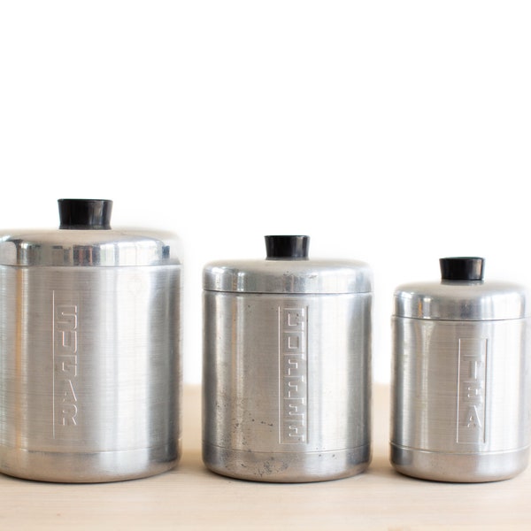 Mid Century Aluminum Kitchen Canisters  / Vintage Kitchen Storage / Coffee, Sugar, Tea / MCM Retro / Set of 3