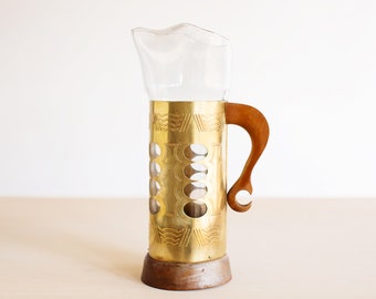 Mid Century Art Glass Pitcher Designed By Ake Elmer / Hand-blown Art Glass And Brass Carafe / Swedish Design / 1950's-60's MCM Barware