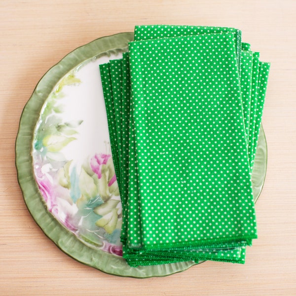 Vintage Cotton Napkins Kelly Green With White Polka Dots / SET Of 8 / Rustic Table Setting