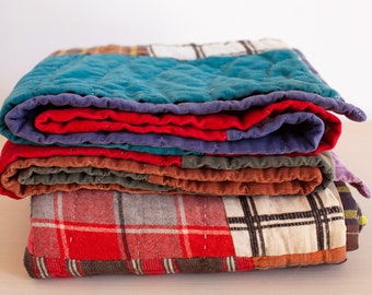 Vintage Hand-Made Patchwork Quilt / Warm Fall Colors / Corduroy, Flannel and Cotton Blanket / Rustic Throw / Vintage Fabric
